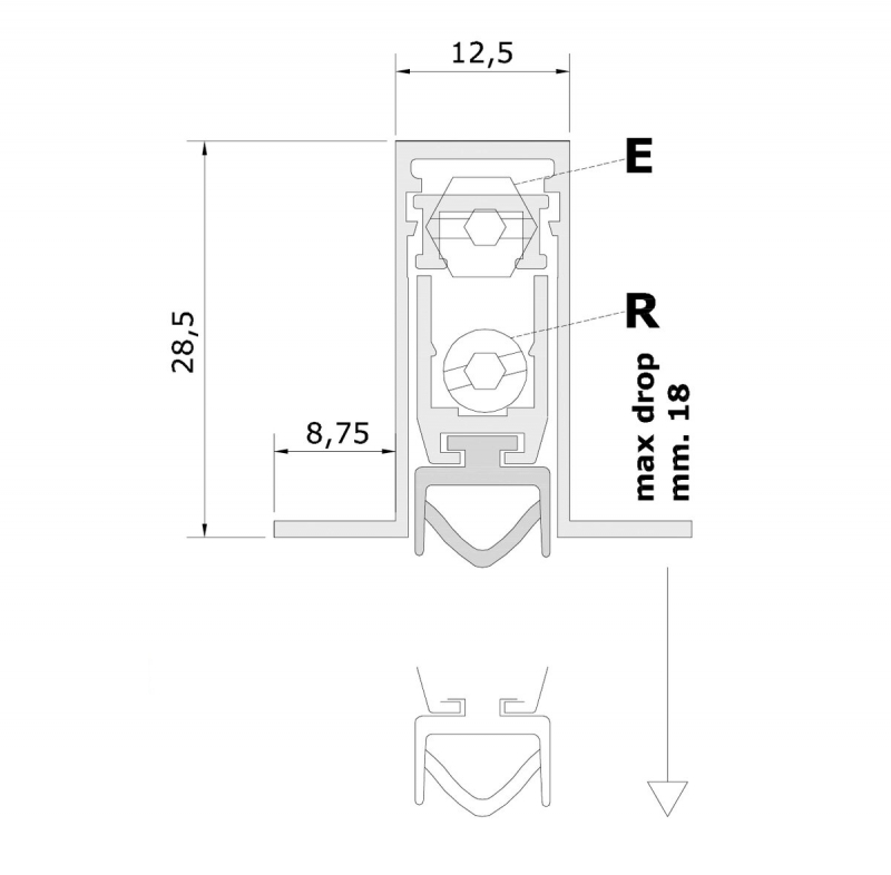 Поріг дверний алюмінієвий Comaglio 1800 з гумовою вставкою з притиском з боку короба 83-73 см
